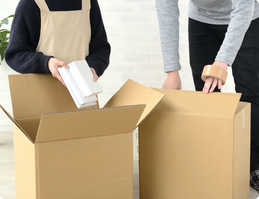People packing books into cardboard boxes